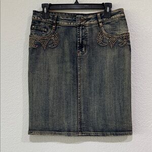 ✨ Y2K CACHE EMBELLISHED DENIM SKIRT Western Boho Rodeo RHINESTONE EMBROIDERED ✨